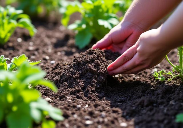 Applying fresh mulch to a garden bed